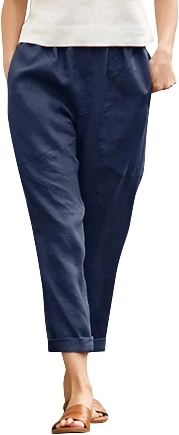 Women Linen Summer Pull On Pants Elastic Waist Stretchy Slim Fit Trouser Office