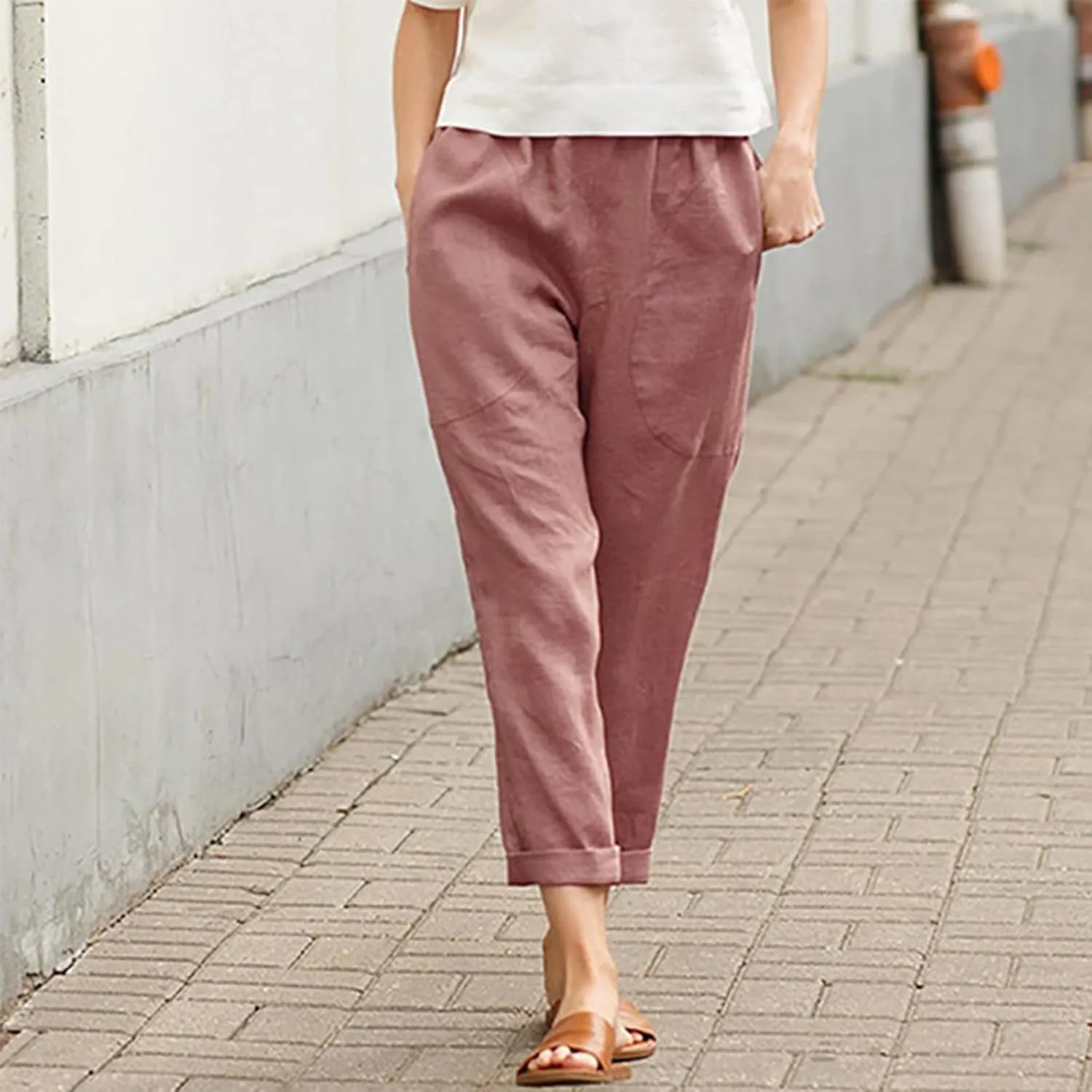 Women Linen Summer Pull On Pants Elastic Waist Stretchy Slim Fit Trouser Office