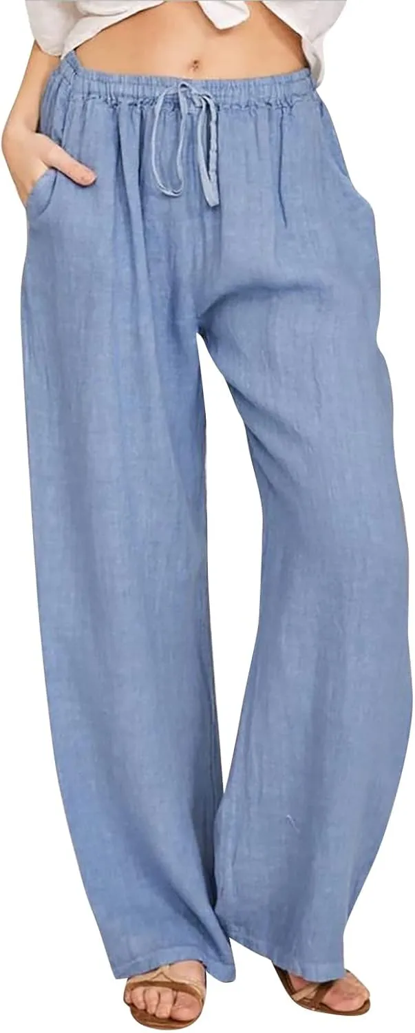 Women Linen Summer Pull On Pants Elastic Waist Stretchy Slim Fit Trouser Office