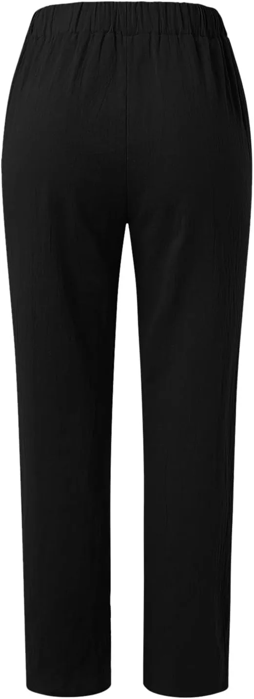 Women Linen Summer Pull On Pants Elastic Waist Stretchy Slim Fit Trouser Office