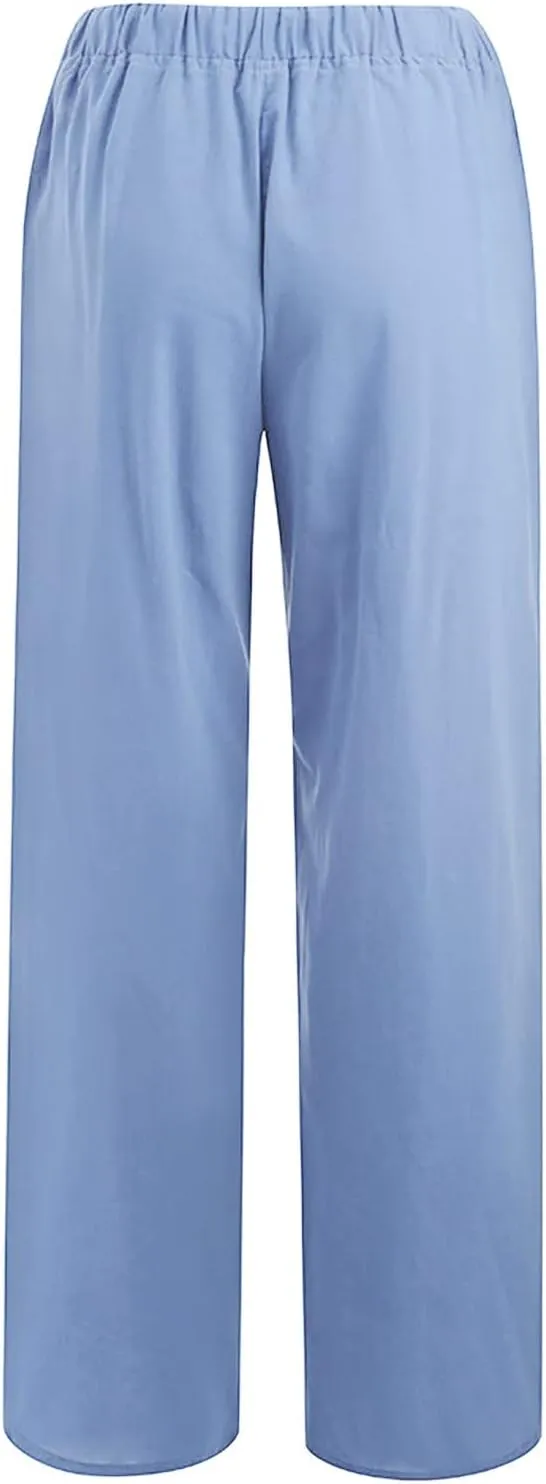 Women Linen Summer Pull On Pants Elastic Waist Stretchy Slim Fit Trouser Office