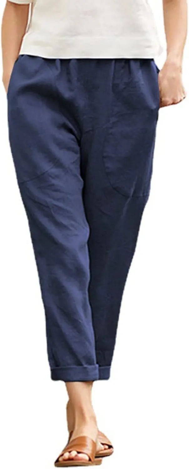 Women Linen Summer Pull On Pants Elastic Waist Stretchy Slim Fit Trouser Office