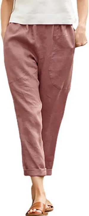 Women Linen Summer Pull On Pants Elastic Waist Stretchy Slim Fit Trouser Office