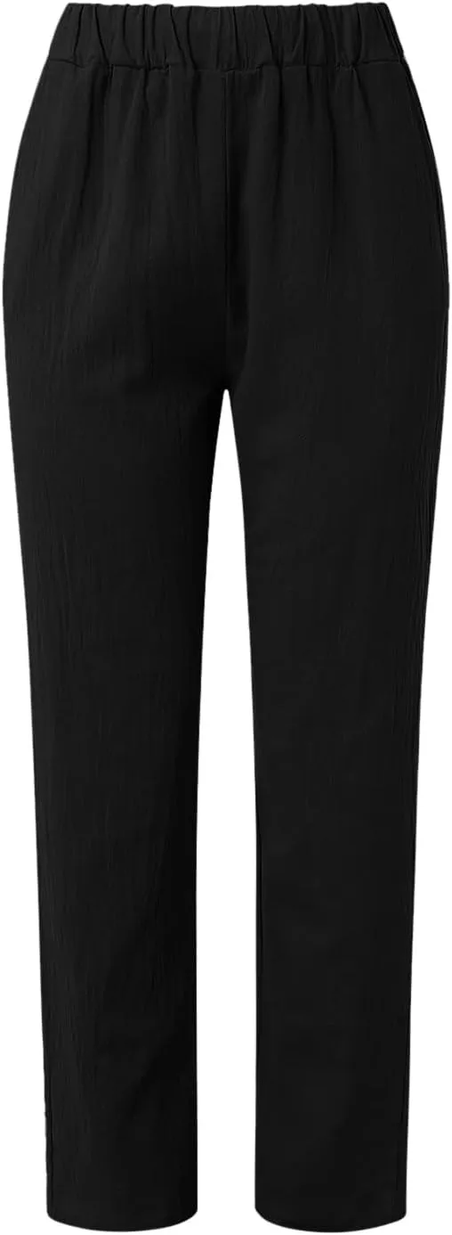 Women Linen Summer Pull On Pants Elastic Waist Stretchy Slim Fit Trouser Office