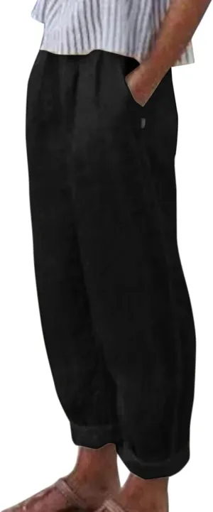 Women Linen Summer Pull On Pants Elastic Waist Stretchy Slim Fit Trouser Office