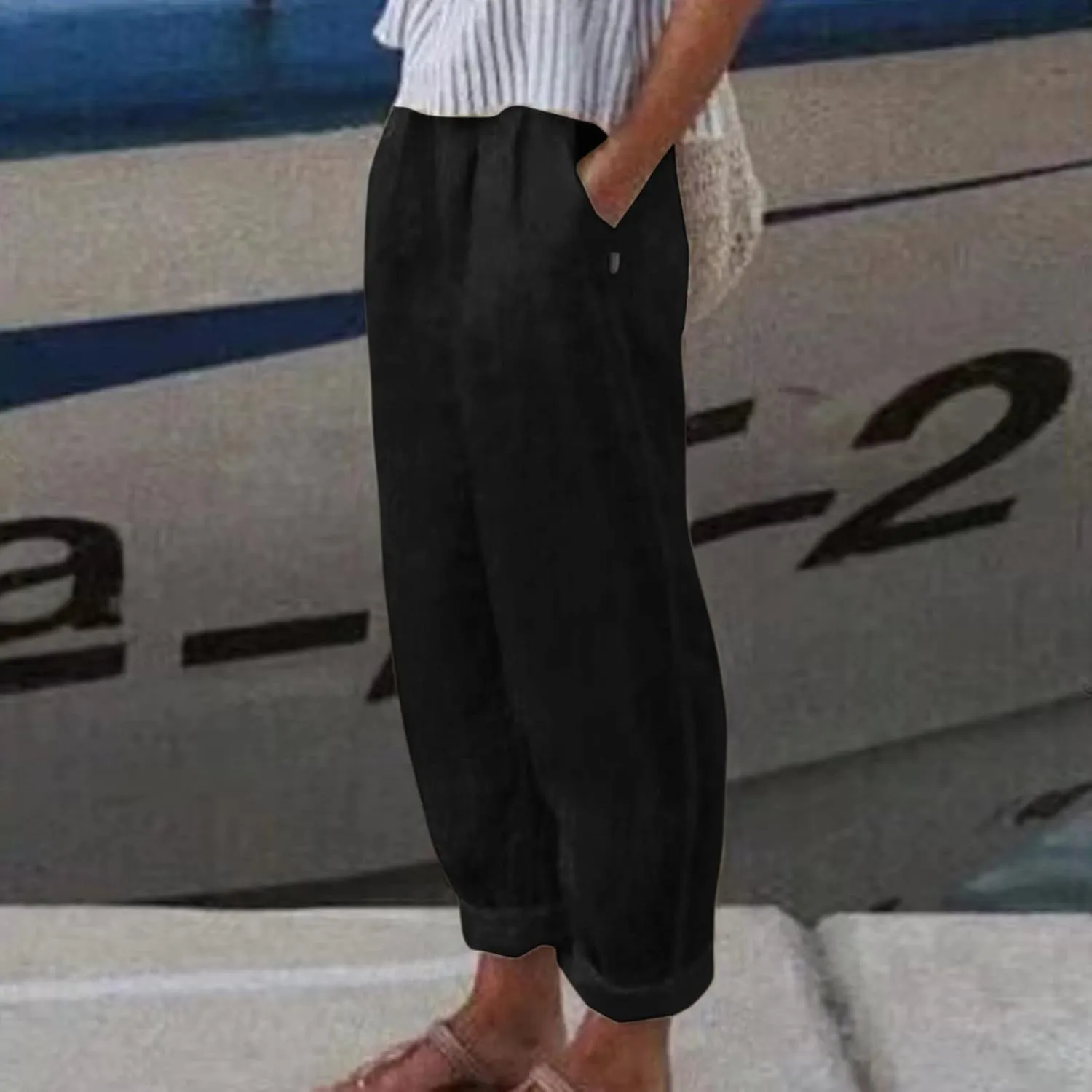 Women Linen Summer Pull On Pants Elastic Waist Stretchy Slim Fit Trouser Office
