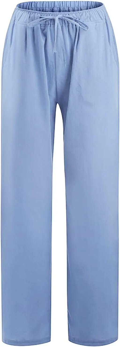 Women Linen Summer Pull On Pants Elastic Waist Stretchy Slim Fit Trouser Office