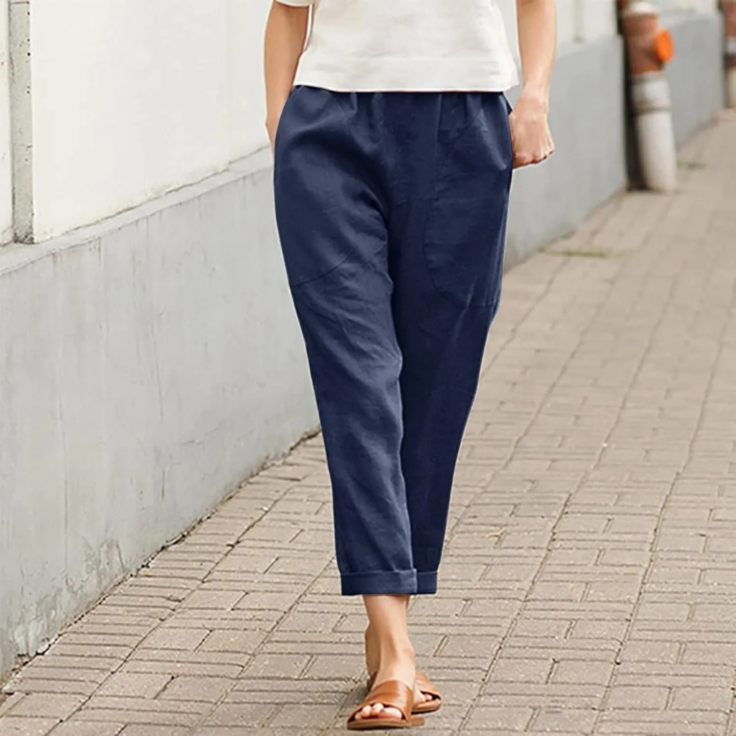 Women Linen Summer Pull On Pants Elastic Waist Stretchy Slim Fit Trouser Office