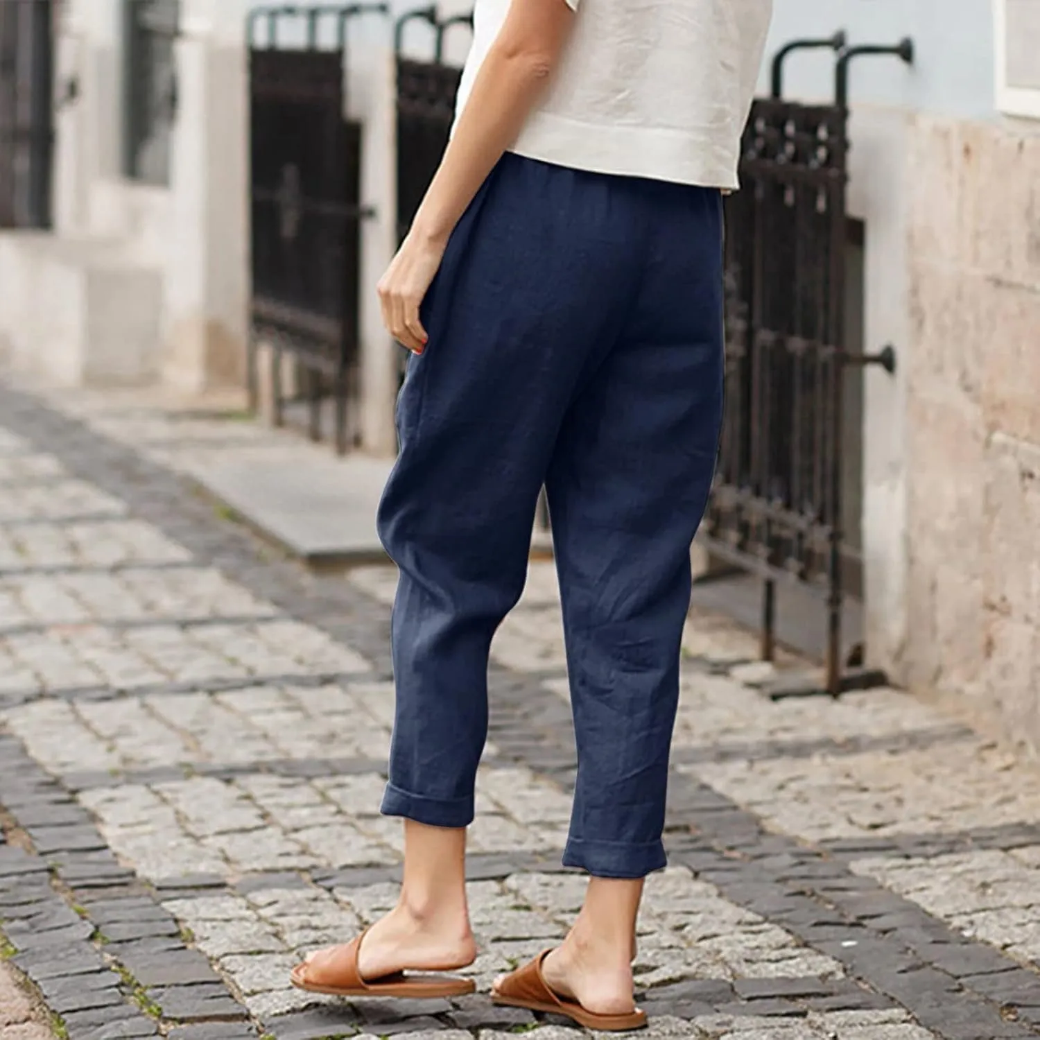 Women Linen Summer Pull On Pants Elastic Waist Stretchy Slim Fit Trouser Office