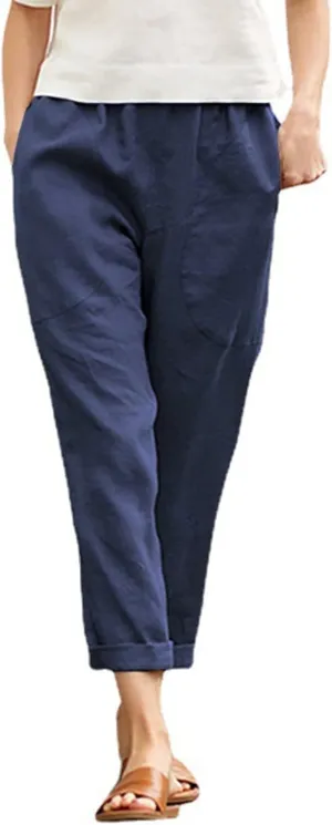 Women Linen Summer Pull On Pants Elastic Waist Stretchy Slim Fit Trouser Office