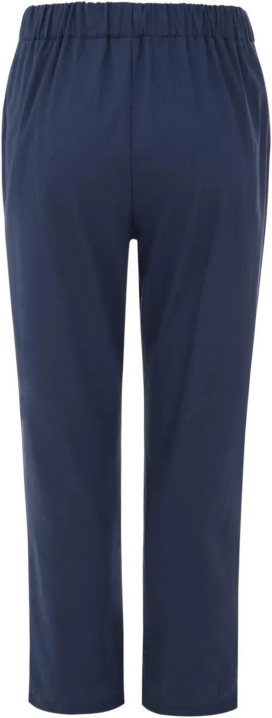 Women Linen Summer Pull On Pants Elastic Waist Stretchy Slim Fit Trouser Office