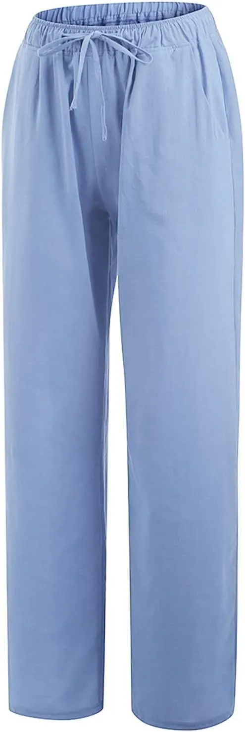 Women Linen Summer Pull On Pants Elastic Waist Stretchy Slim Fit Trouser Office