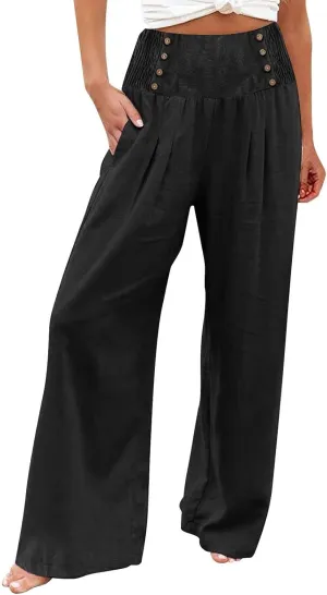 Women Linen Summer Trendy Pants High Waist Baggy Stretchy Slim-Fit Trousers Travel