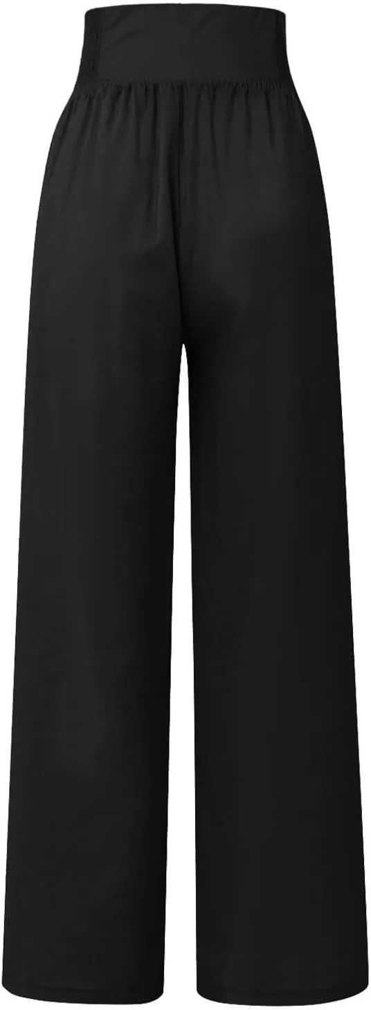 Women Linen Summer Trendy Pants High Waist Baggy Stretchy Slim-Fit Trousers Travel