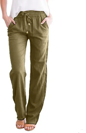 Women Linen Summer Trendy Pants High Waist Baggy Stretchy Slim-Fit Trousers Travel