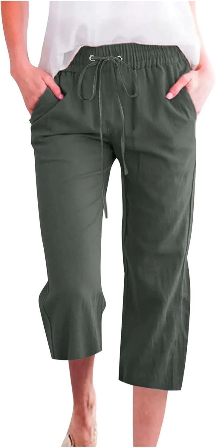 Women Linen Summer Trendy Pants High Waist Baggy Stretchy Slim-Fit Trousers Travel