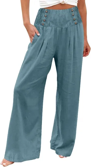 Women Linen Summer Trendy Pants High Waist Baggy Stretchy Slim-Fit Trousers Travel