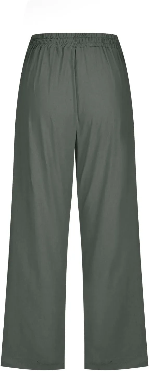 Women Linen Summer Trendy Pants High Waist Baggy Stretchy Slim-Fit Trousers Travel