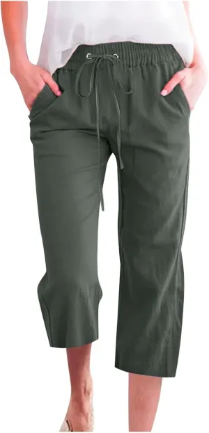 Women Linen Summer Trendy Pants High Waist Baggy Stretchy Slim-Fit Trousers Travel