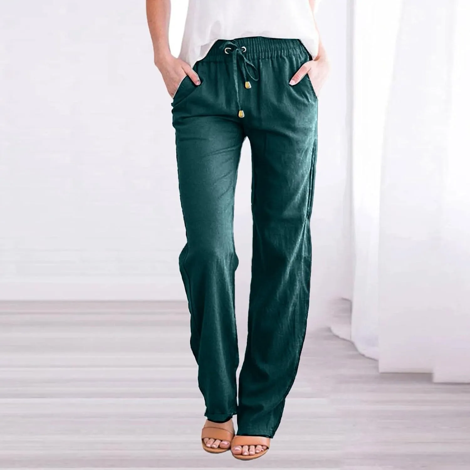 Women Linen Summer Trendy Pants High Waist Baggy Stretchy Slim-Fit Trousers Travel