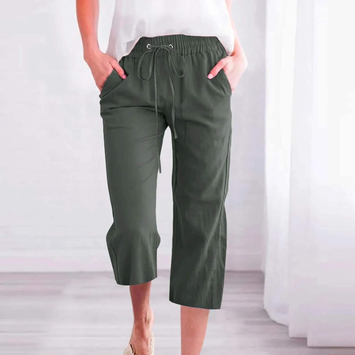 Women Linen Summer Trendy Pants High Waist Baggy Stretchy Slim-Fit Trousers Travel