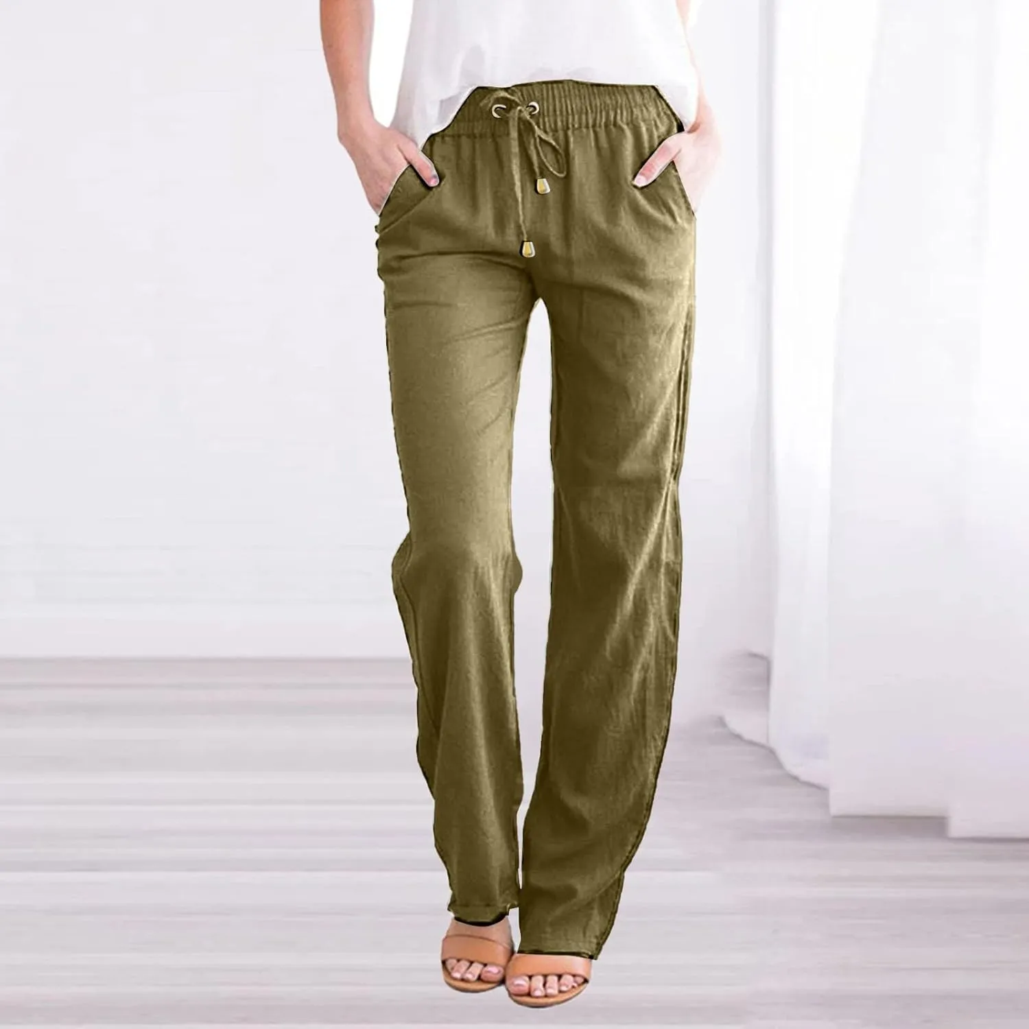 Women Linen Summer Trendy Pants High Waist Baggy Stretchy Slim-Fit Trousers Travel