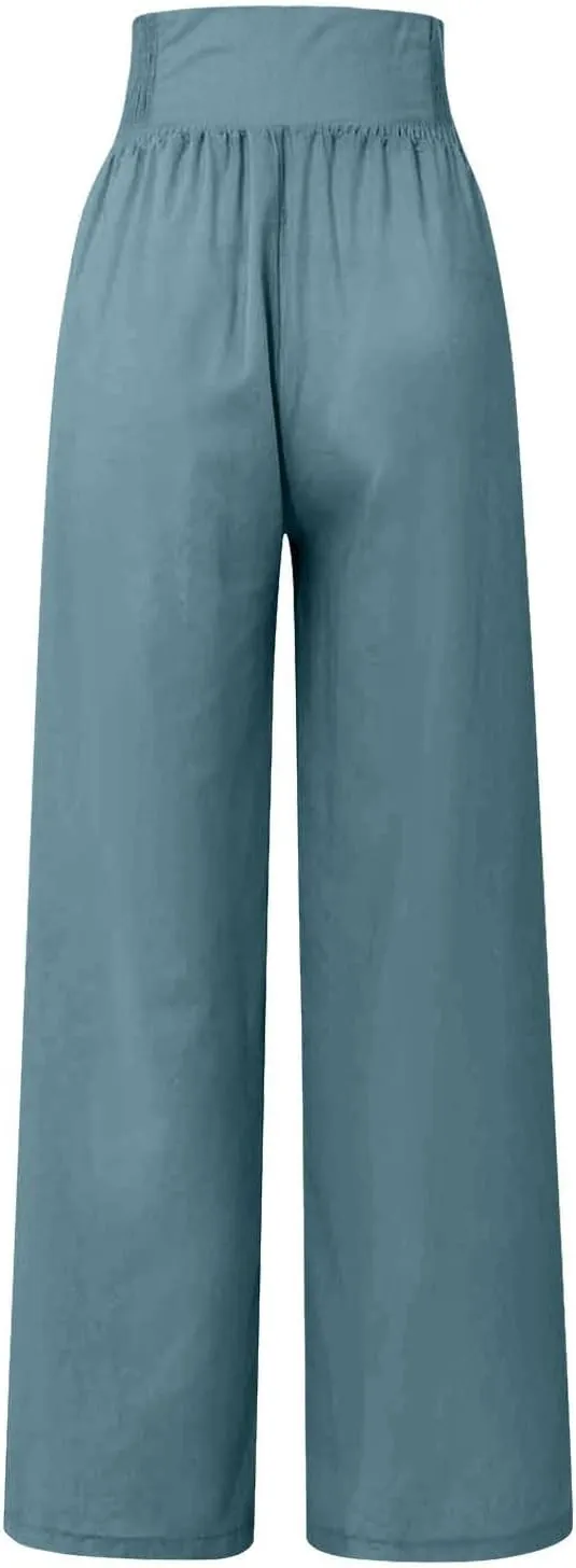 Women Linen Summer Trendy Pants High Waist Baggy Stretchy Slim-Fit Trousers Travel