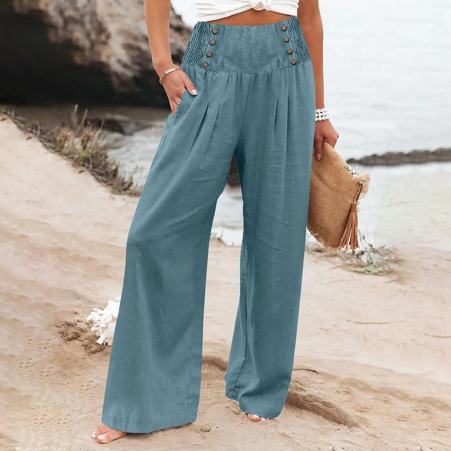 Women Linen Summer Trendy Pants High Waist Baggy Stretchy Slim-Fit Trousers Travel