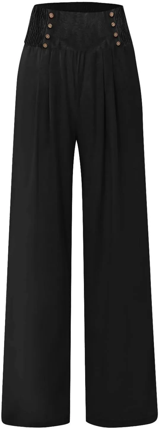 Women Linen Summer Trendy Pants High Waist Baggy Stretchy Slim-Fit Trousers Travel