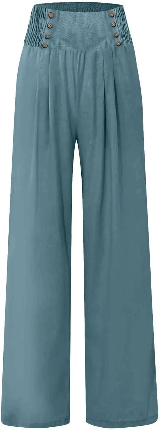 Women Linen Summer Trendy Pants High Waist Baggy Stretchy Slim-Fit Trousers Travel