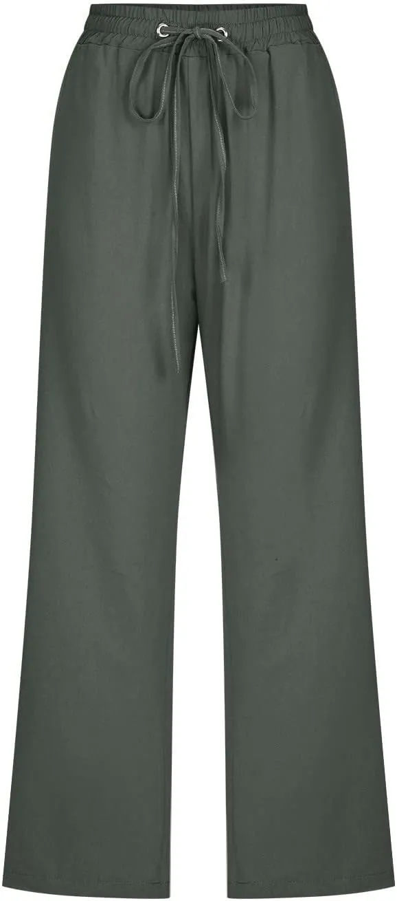 Women Linen Summer Trendy Pants High Waist Baggy Stretchy Slim-Fit Trousers Travel