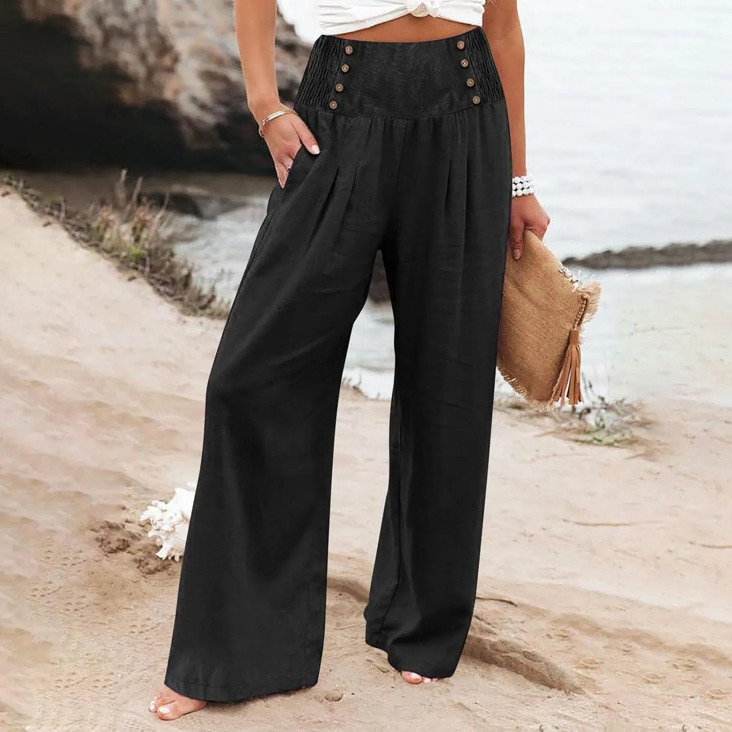 Women Linen Summer Trendy Pants High Waist Baggy Stretchy Slim-Fit Trousers Travel