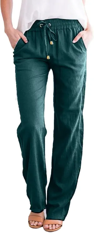 Women Linen Summer Trendy Pants High Waist Baggy Stretchy Slim-Fit Trousers Travel