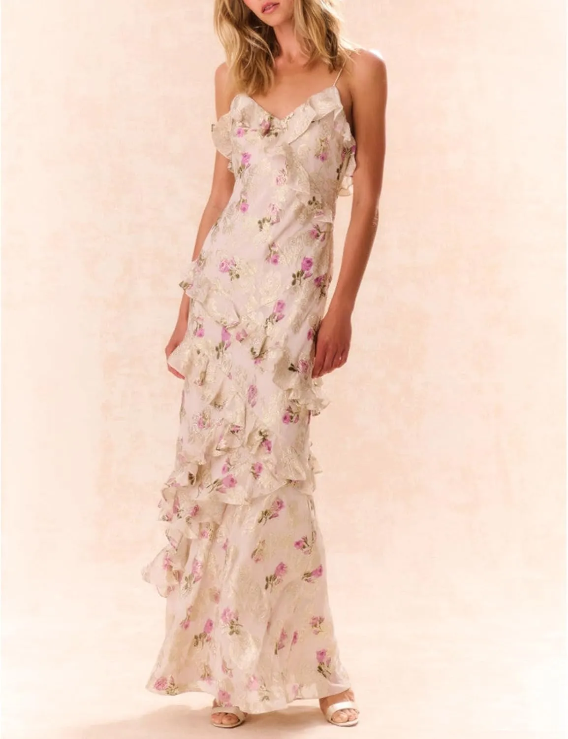 Women Ruffle Halter Maxi Dress Sexy Sleeveless Spaghetti Strap Bodycon V-Neck Long Dress Elegant Cocktail Dresses