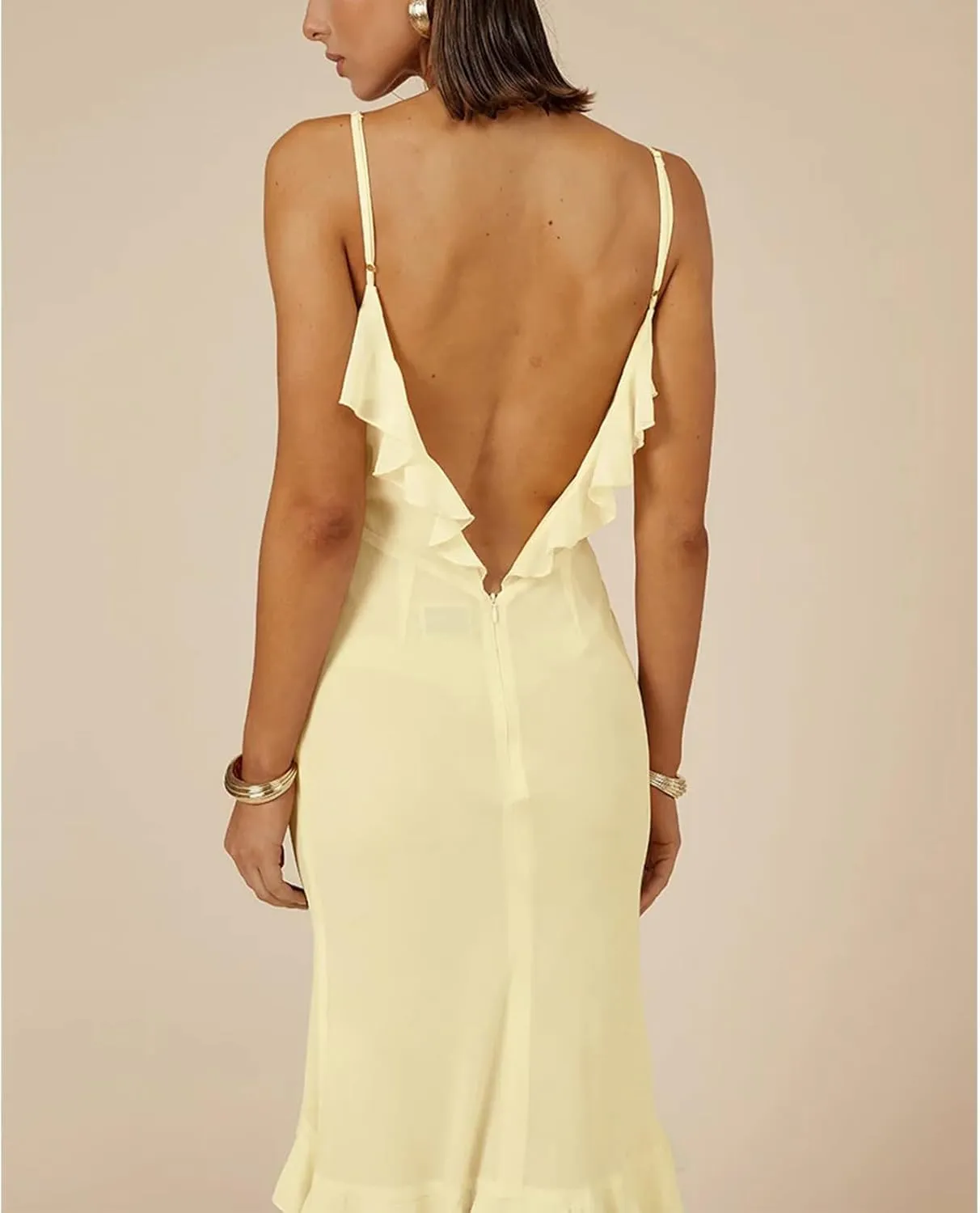 Women Ruffle Halter Maxi Dress Sexy Sleeveless Spaghetti Strap Bodycon V-Neck Long Dress Elegant Cocktail Dresses