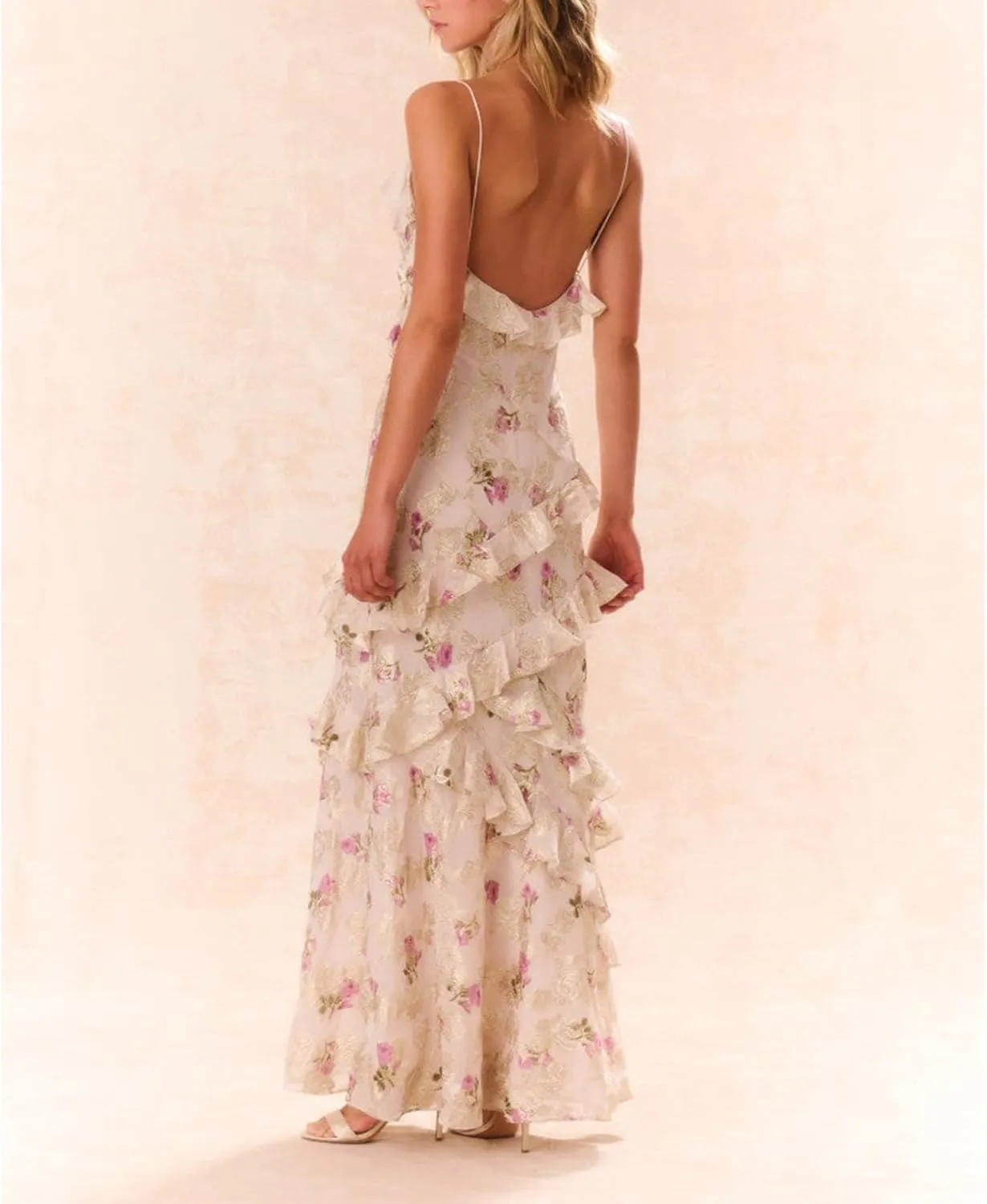 Women Ruffle Halter Maxi Dress Sexy Sleeveless Spaghetti Strap Bodycon V-Neck Long Dress Elegant Cocktail Dresses
