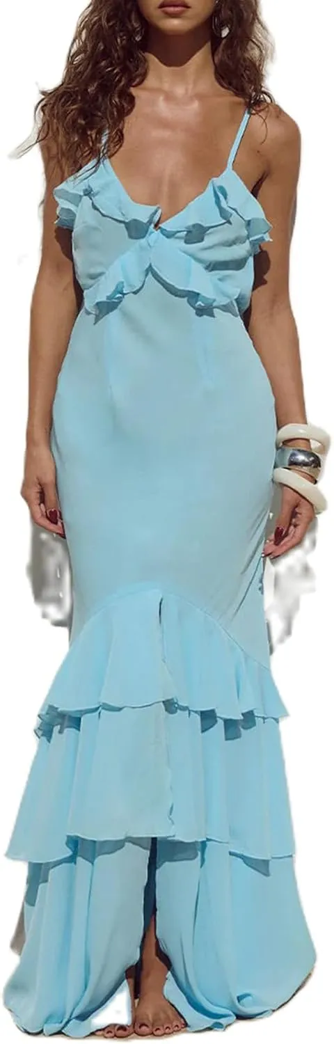 Women Ruffle Halter Maxi Dress Sexy Sleeveless Spaghetti Strap Bodycon V-Neck Long Dress Elegant Cocktail Dresses