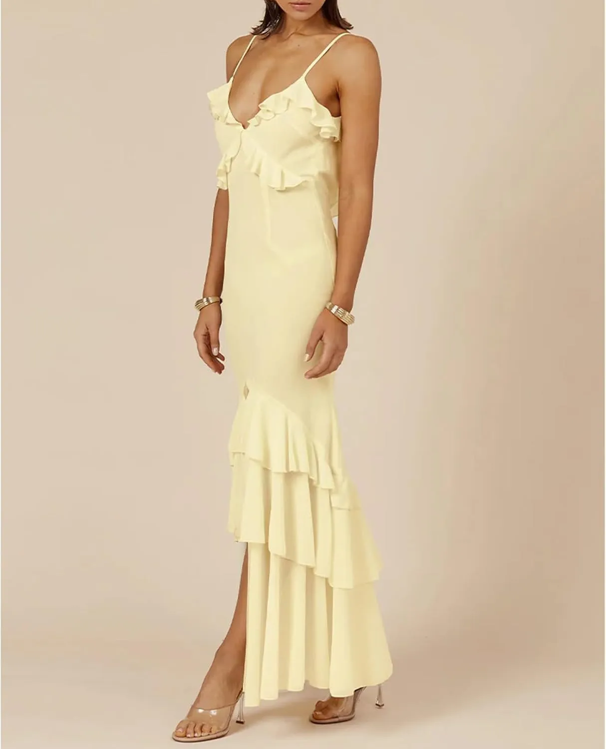 Women Ruffle Halter Maxi Dress Sexy Sleeveless Spaghetti Strap Bodycon V-Neck Long Dress Elegant Cocktail Dresses