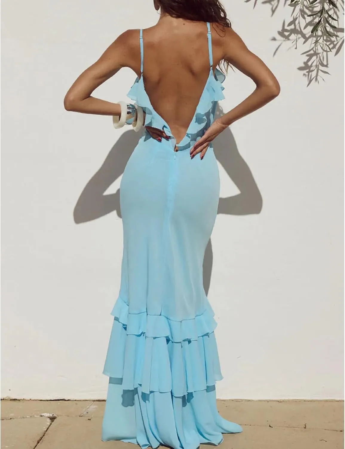 Women Ruffle Halter Maxi Dress Sexy Sleeveless Spaghetti Strap Bodycon V-Neck Long Dress Elegant Cocktail Dresses