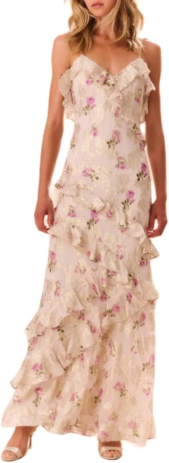 Women Ruffle Halter Maxi Dress Sexy Sleeveless Spaghetti Strap Bodycon V-Neck Long Dress Elegant Cocktail Dresses