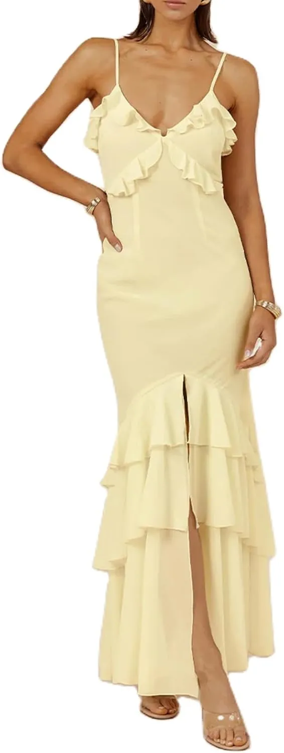 Women Ruffle Halter Maxi Dress Sexy Sleeveless Spaghetti Strap Bodycon V-Neck Long Dress Elegant Cocktail Dresses