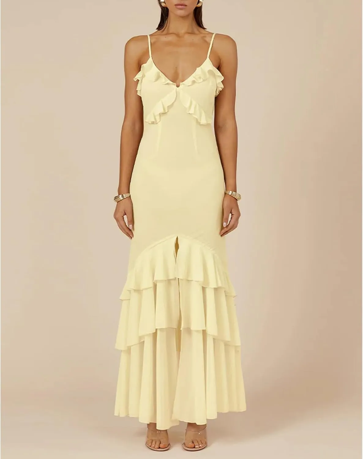 Women Ruffle Halter Maxi Dress Sexy Sleeveless Spaghetti Strap Bodycon V-Neck Long Dress Elegant Cocktail Dresses