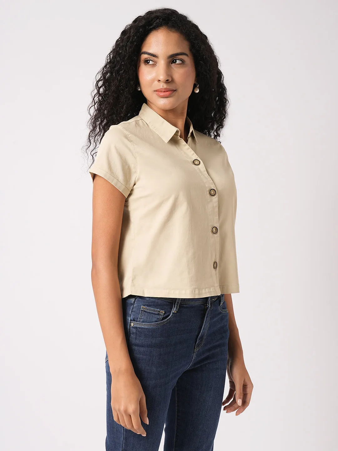 Women Slim Fit Beige Crop Shirt