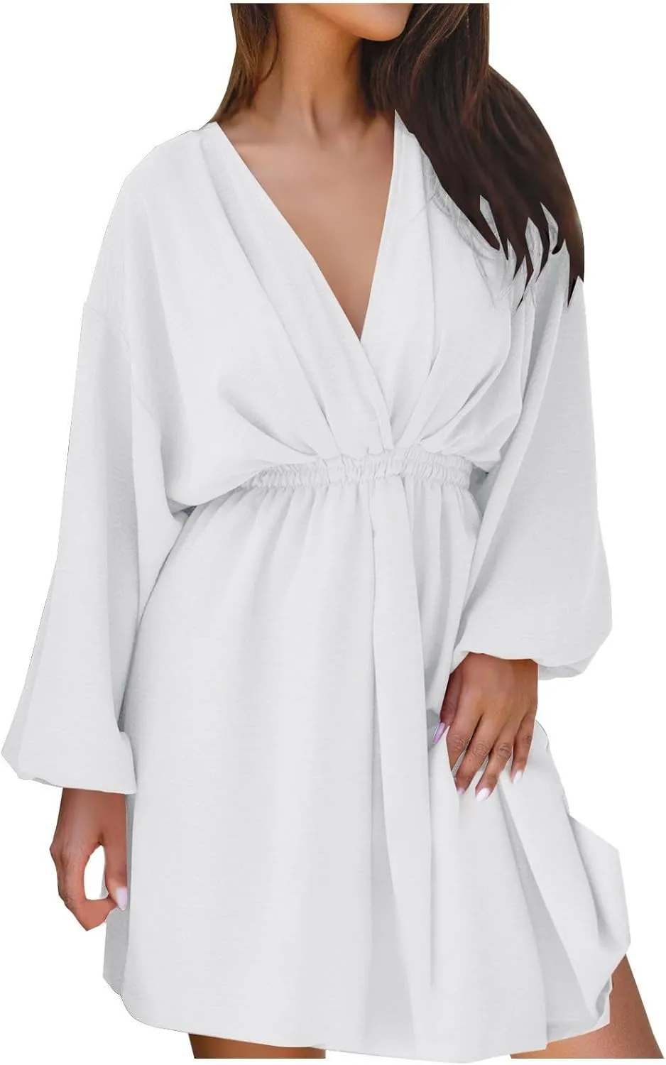 Women Summer Beach Dresses Sexy V Neck Lantern Sleeve Flowy Swing Dress Elastic High Waist Smocked Boho Mini Dress