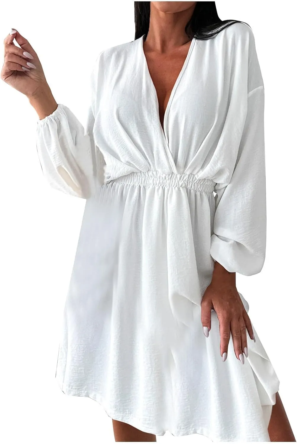 Women Summer Beach Dresses Sexy V Neck Lantern Sleeve Flowy Swing Dress Elastic High Waist Smocked Boho Mini Dress