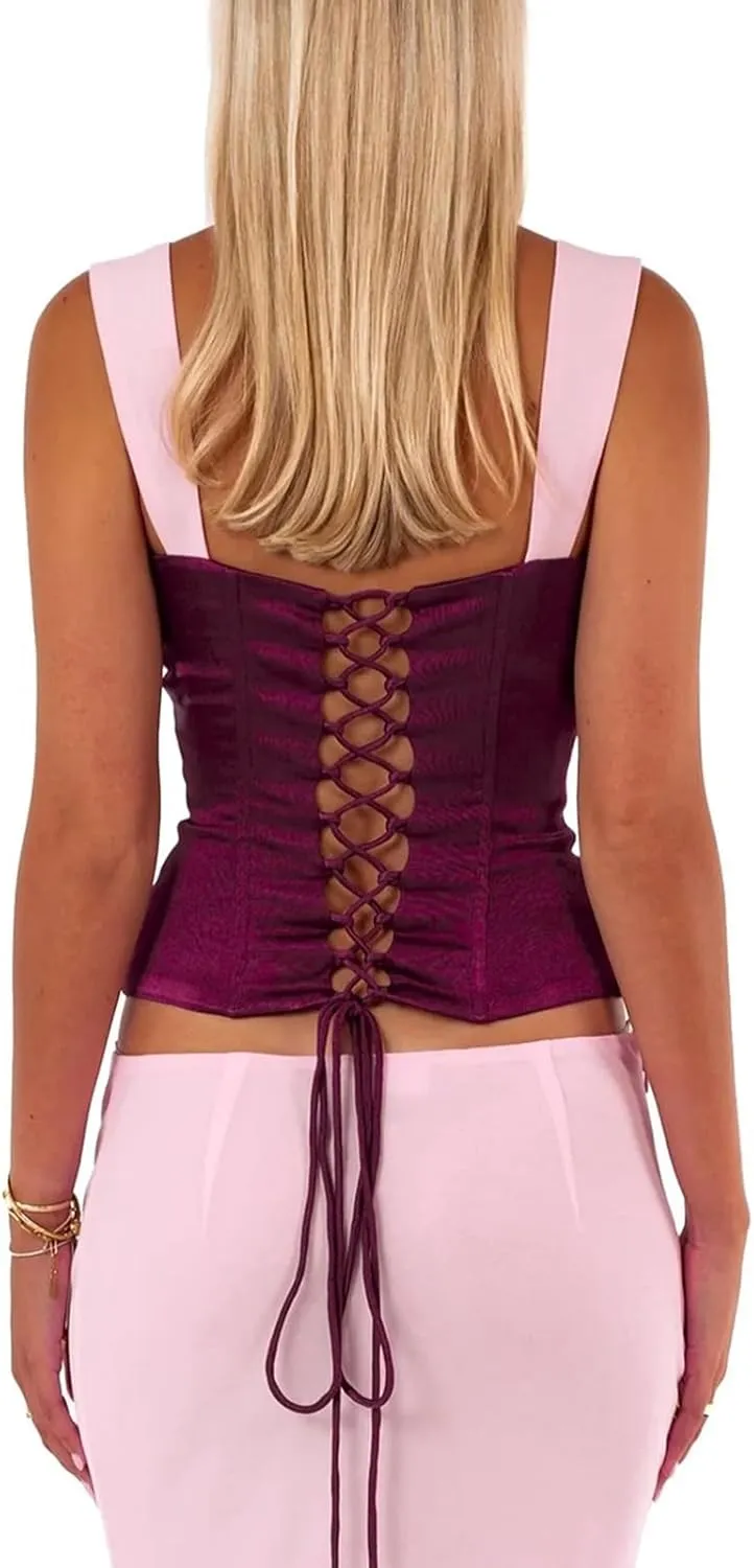 Women Y2k Corset Tank Top Sexy Sleeveless Sweetheart Neck Fitted Crop Camisole Bustier Summer Silk Satin Vest Shirts