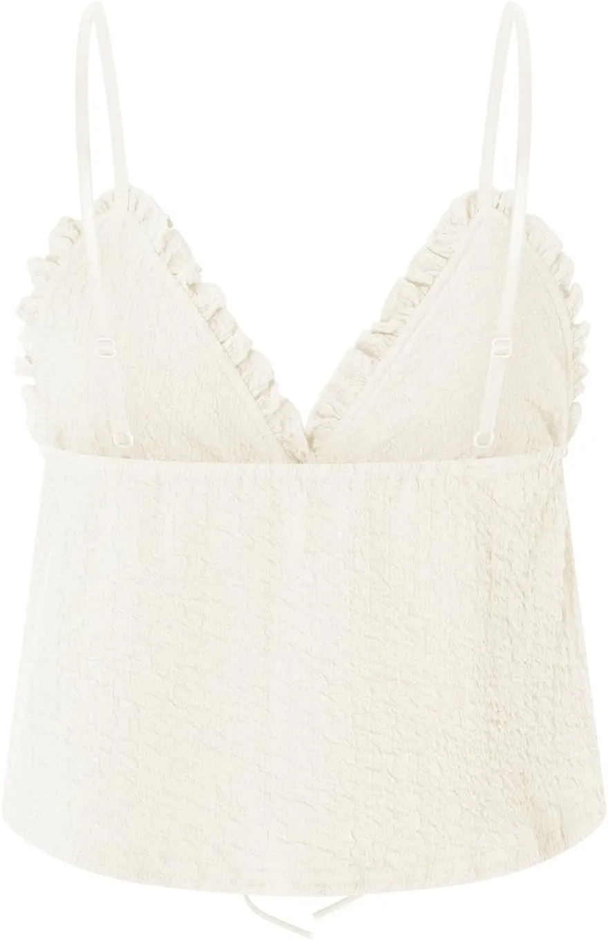 Women Y2k Ruched Camisole Solid Color Ruffle V Neck Sleeveless Crop Tops for Streetwear Clubwear Summer Shirt
