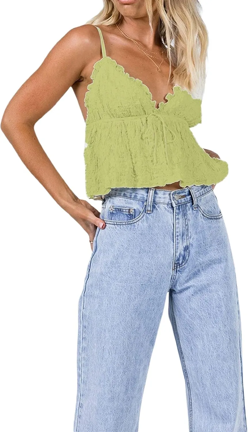 Women Y2K Ruched Camisole Spaghetti Straps V Neck Cami Tops Summer Cute Bow Flowy Tank Tops Streetwear