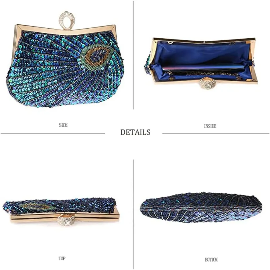 Women's 1920S Evening Bag Peacock Sequins Beaded Clutch Bag Purse For Wedding Party