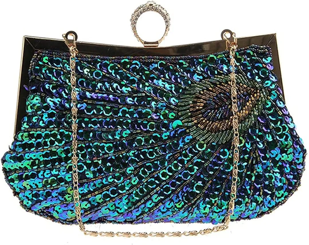 Women's 1920S Evening Bag Peacock Sequins Beaded Clutch Bag Purse For Wedding Party